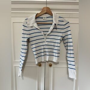 Abercrombie Striped White and Blue Collared Zip Sweater